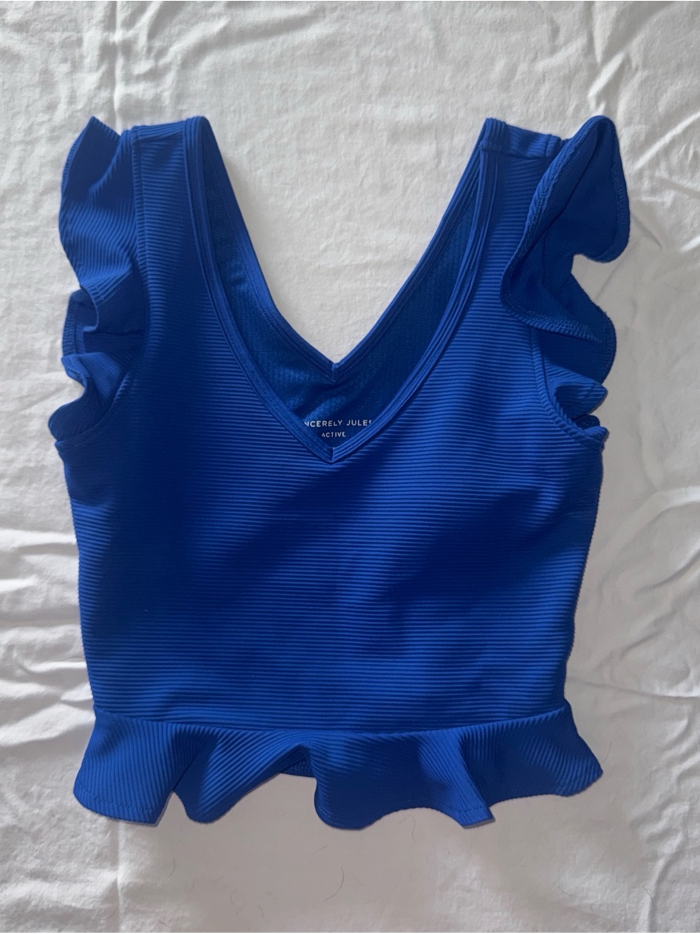 Sincerely Jules Royal Blue Ribbed Ruffle V‑Neck Crop Top